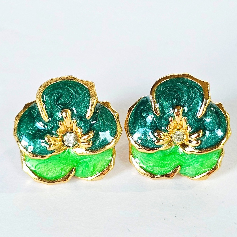 Vtg Pansy Flowerβ Stud Earrings Green Enamel Rhinestone Cottagecore Botanical